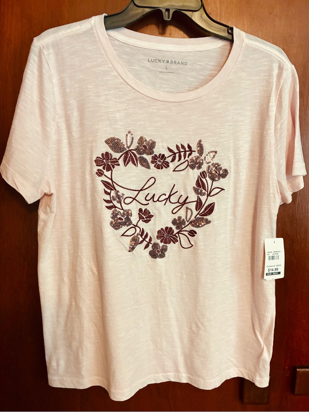 Lucky Brand Light Pink Tee with Floral Heart Graphic